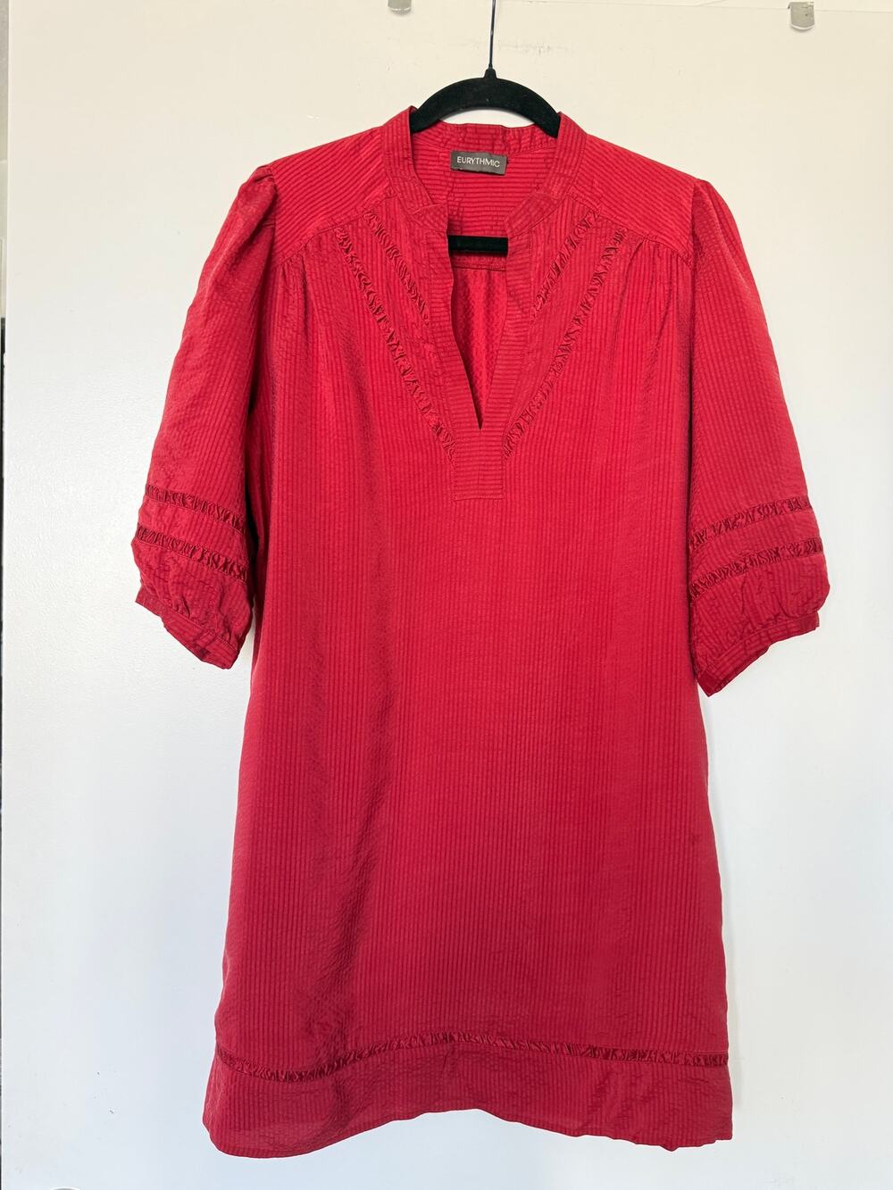 Eurythmic Red 100% Silk Tunic Mini Dress Ruffle V-Neck Sz 40